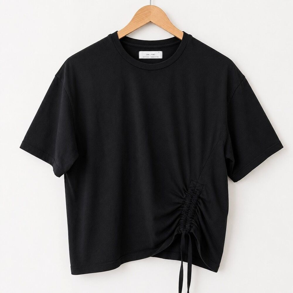 Oak + Fort Black Ruched Drawstring Tee Boxy Oversized M Cotton Minimalist Top